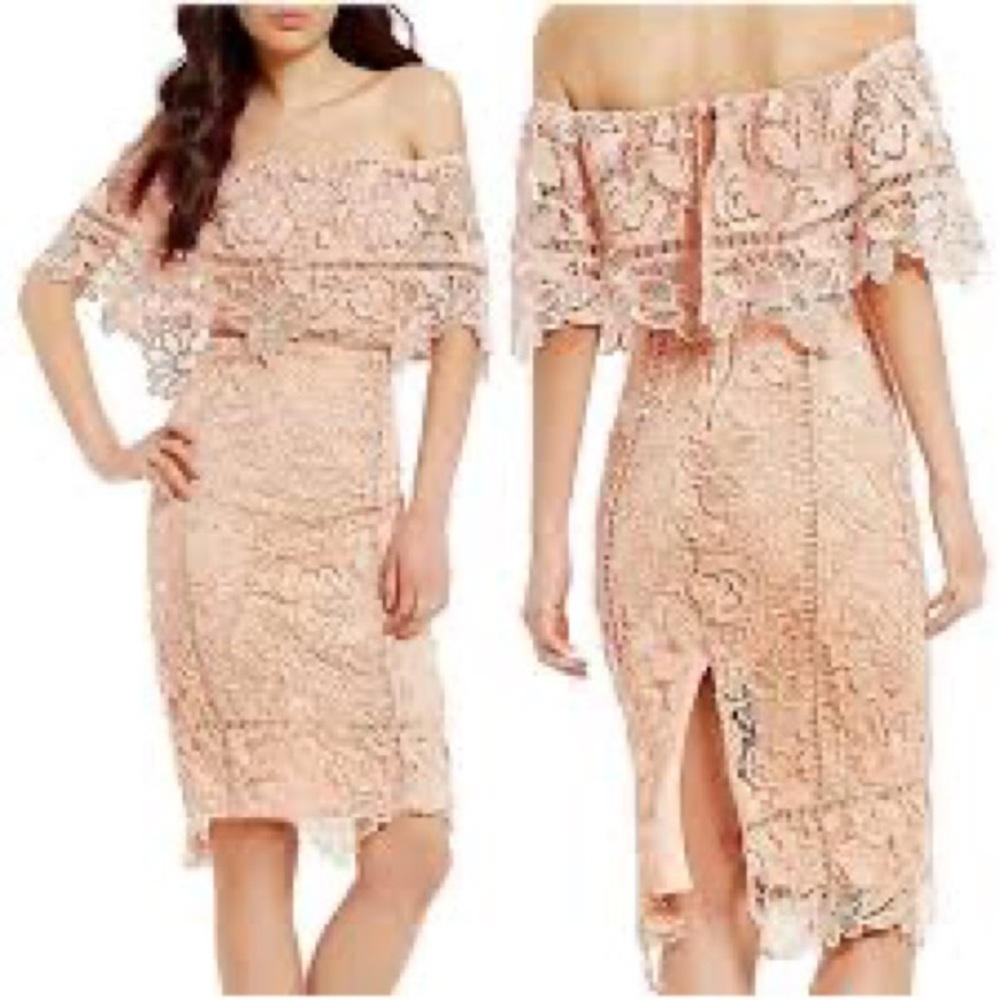 Gianni Bini Blush colored off the shoulder lace dress, size L